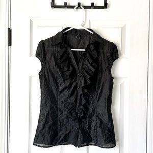 Lapis Black Sheer Cap-Sleeve Ruffle Front Blouse